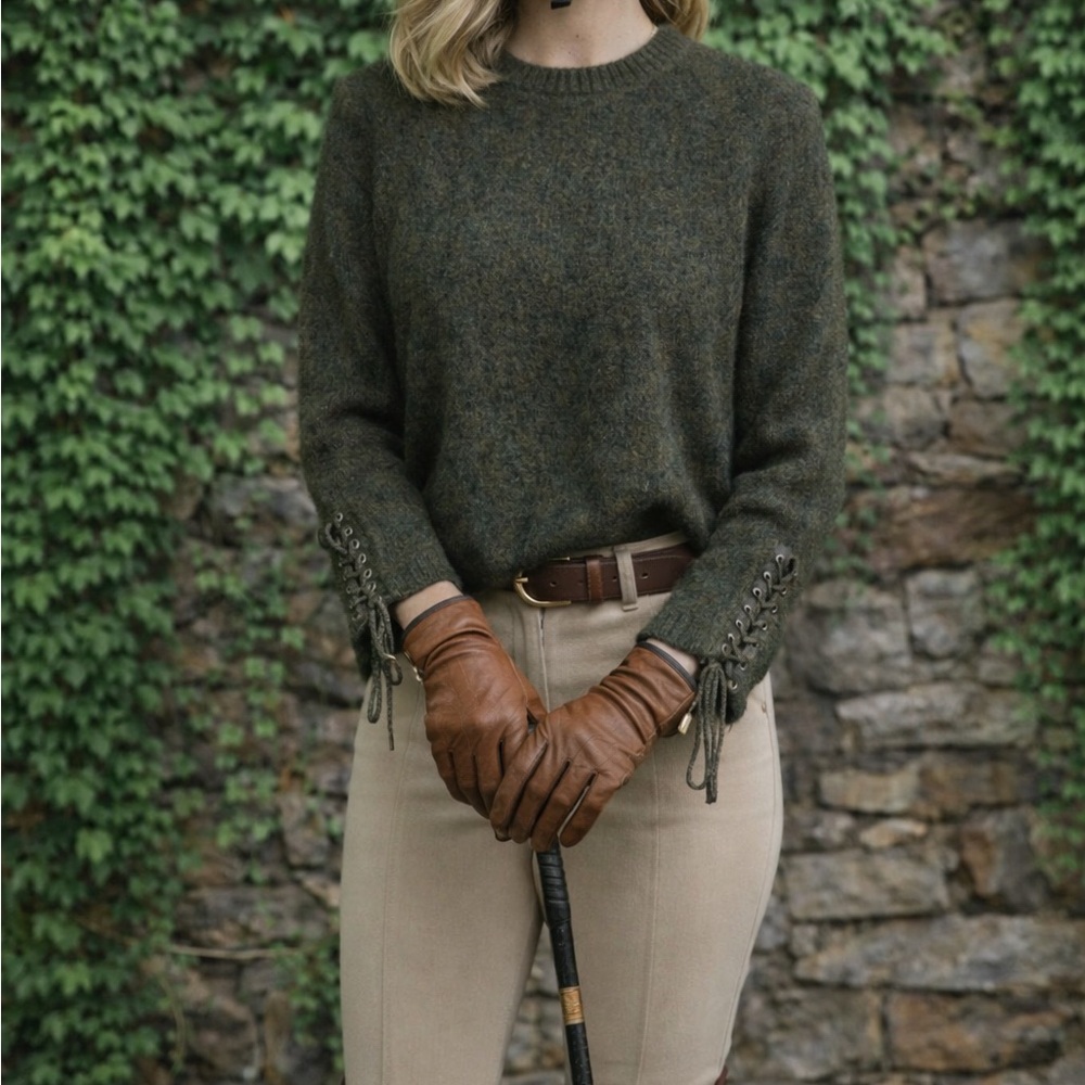 3.1 PHILLIP LIM Marled Moss Green Laced Sleeve Alpaca Sweater, S